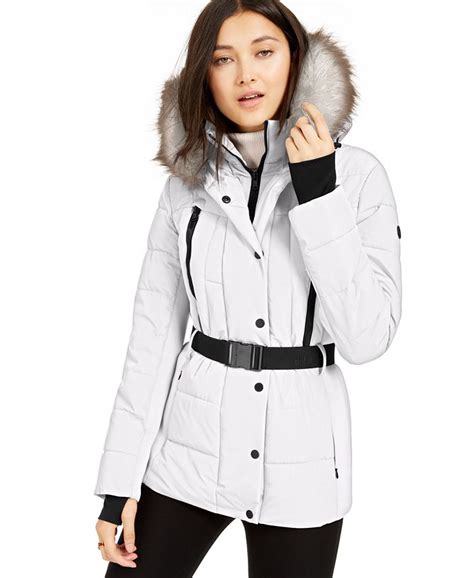 michael michael kors active belted faux fur trim puffer coat|Michael Kors packable puffer jacket.